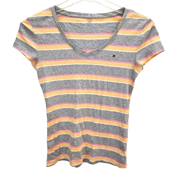 Tommy Hilfiger Gray Orange Striped Womens Tee Sz Med - Picture 1 of 7